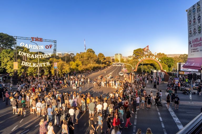 Crowds gathered at Adelaide Fringe outside The Garden of Unearthly Delights and Gluttony.